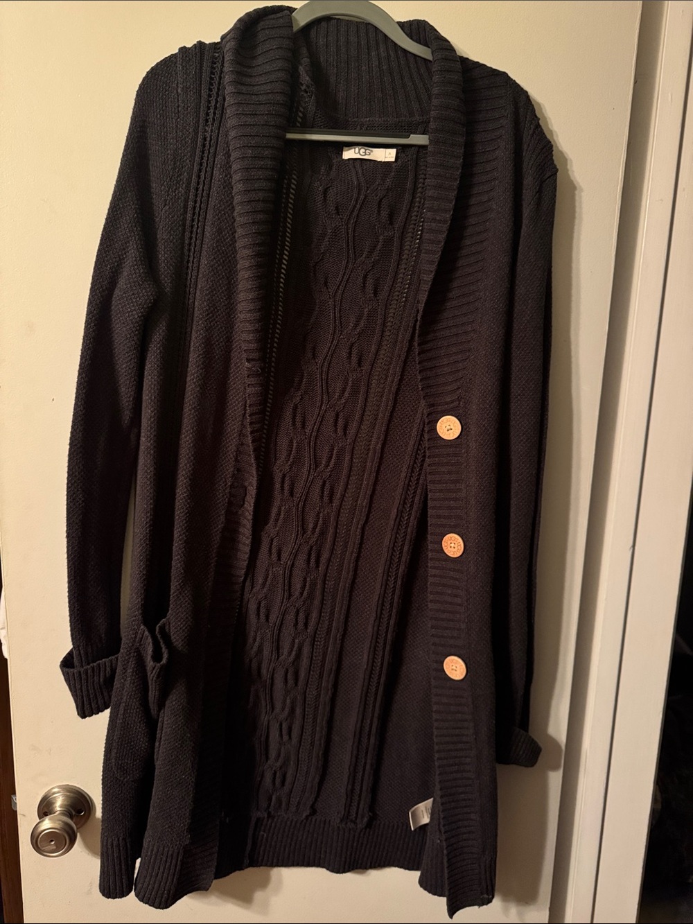 UGG Black Cable-Knit Shawl Collar Button Cardigan